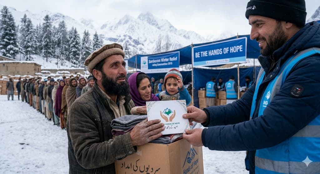 Winter relief volunteer handing aid to a family